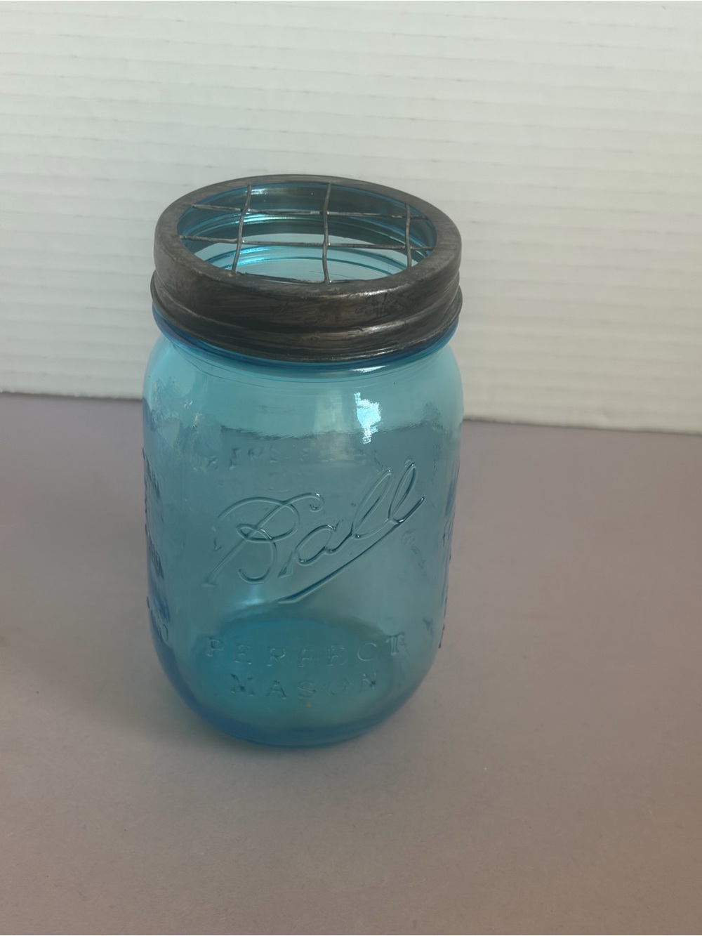 Ball Blue Glass Jar with Metal Flower Frog Lid